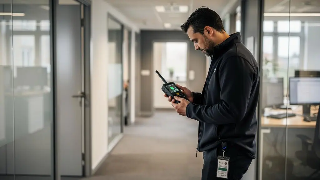 Ingénieur réseau utilisant un analyseur WiFi professionnel pour diagnostiquer la performance dans un bureau