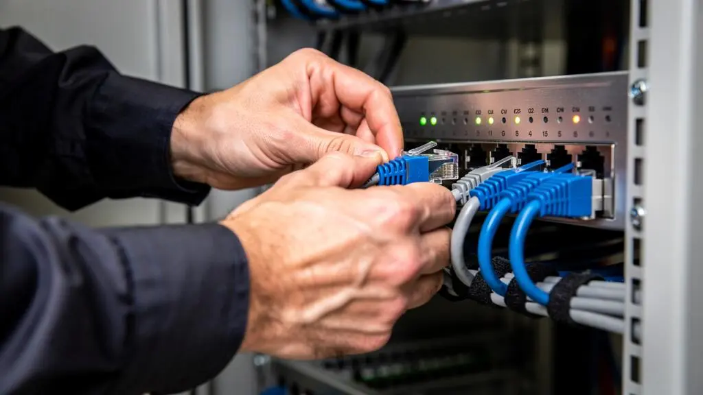 Mains d'un technicien connectant des câbles réseau ethernet dans un switch professionnel